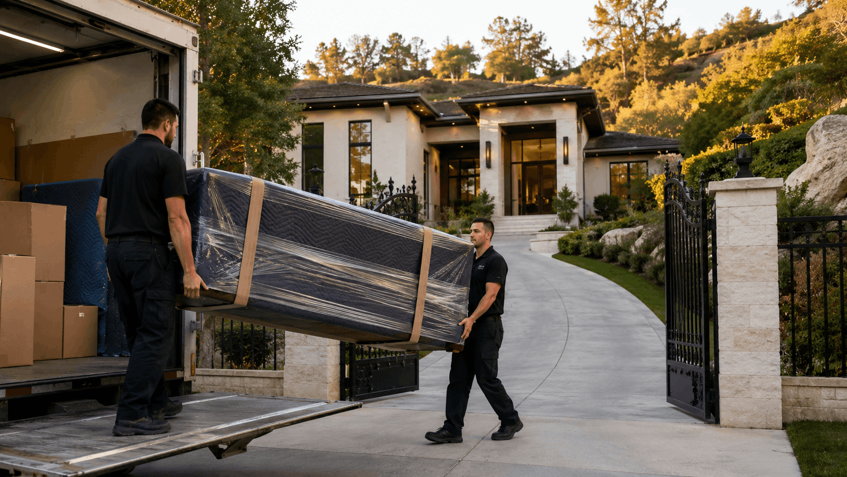 Two professional movers unloading wrapped mattress from truck at luxury Calabasas gated estate