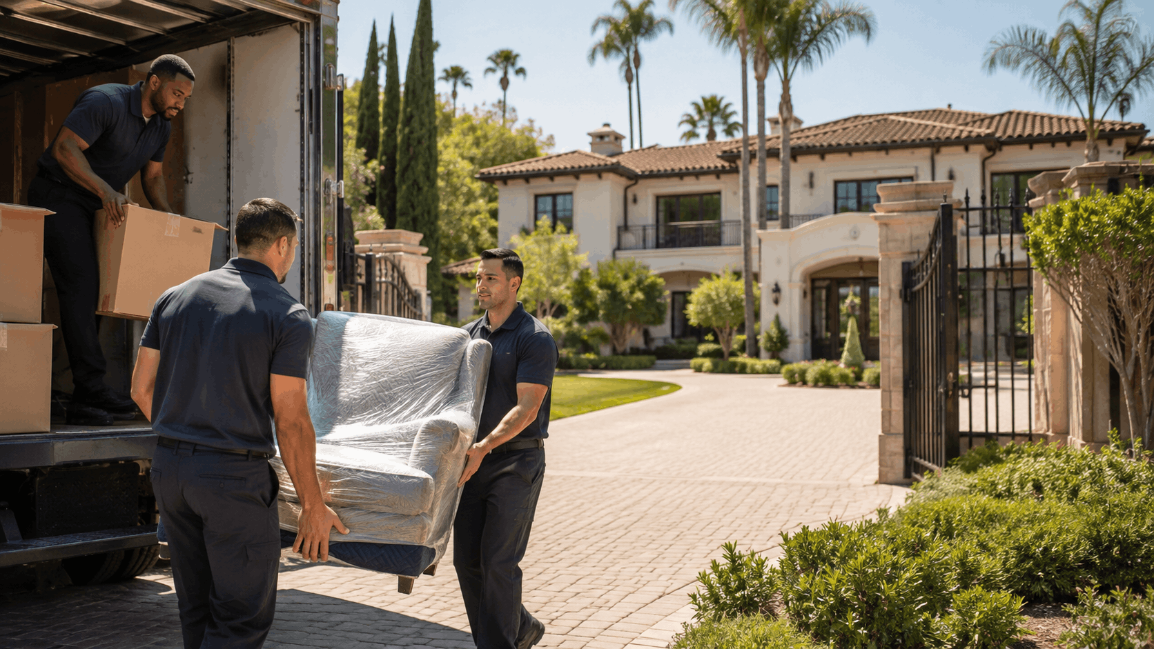 Three professional movers unloading wrapped furniture at a luxury Los Angeles estate