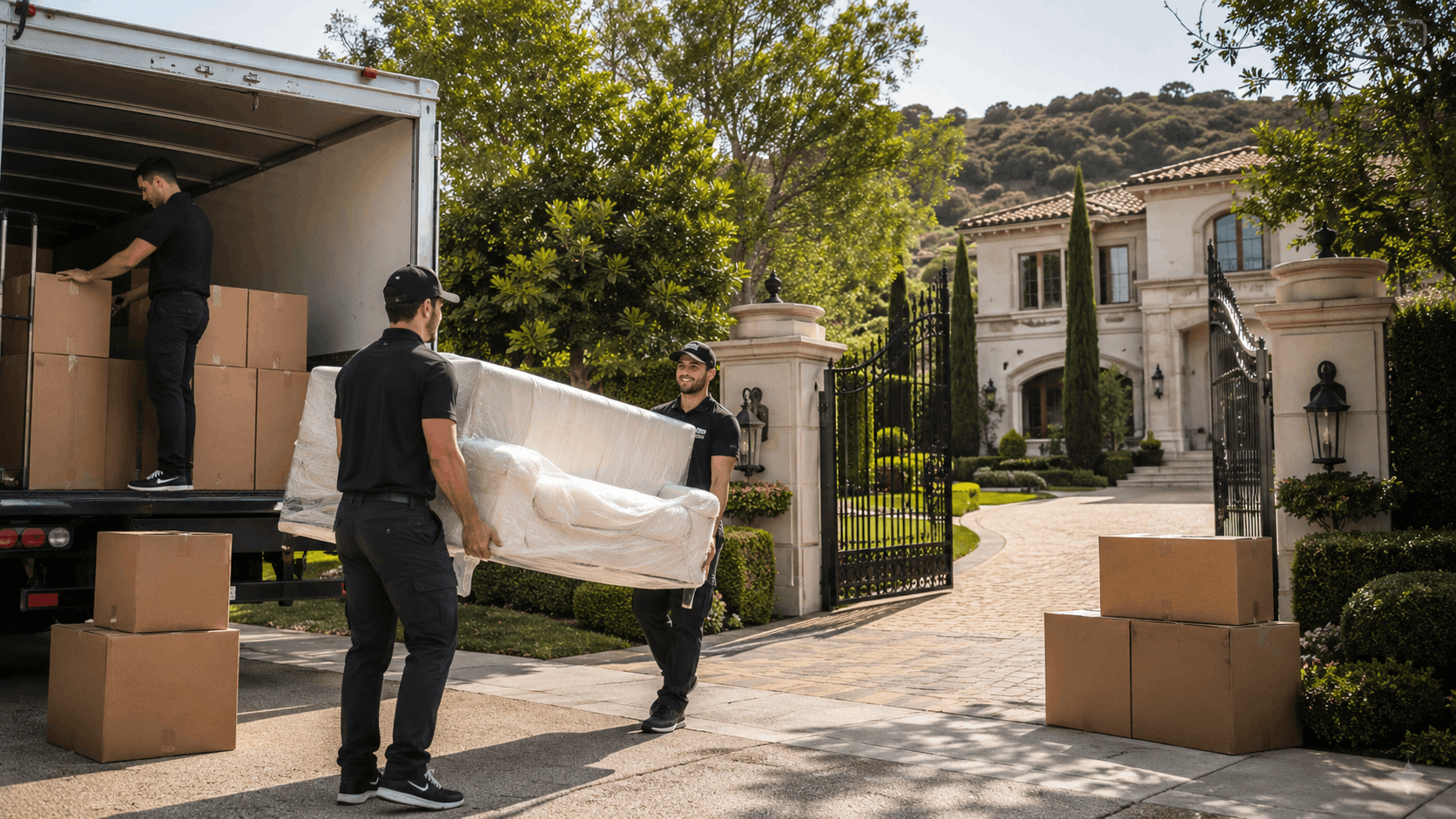 Professional movers unloading wrapped sofa and boxes at luxury Calabasas hillside estate