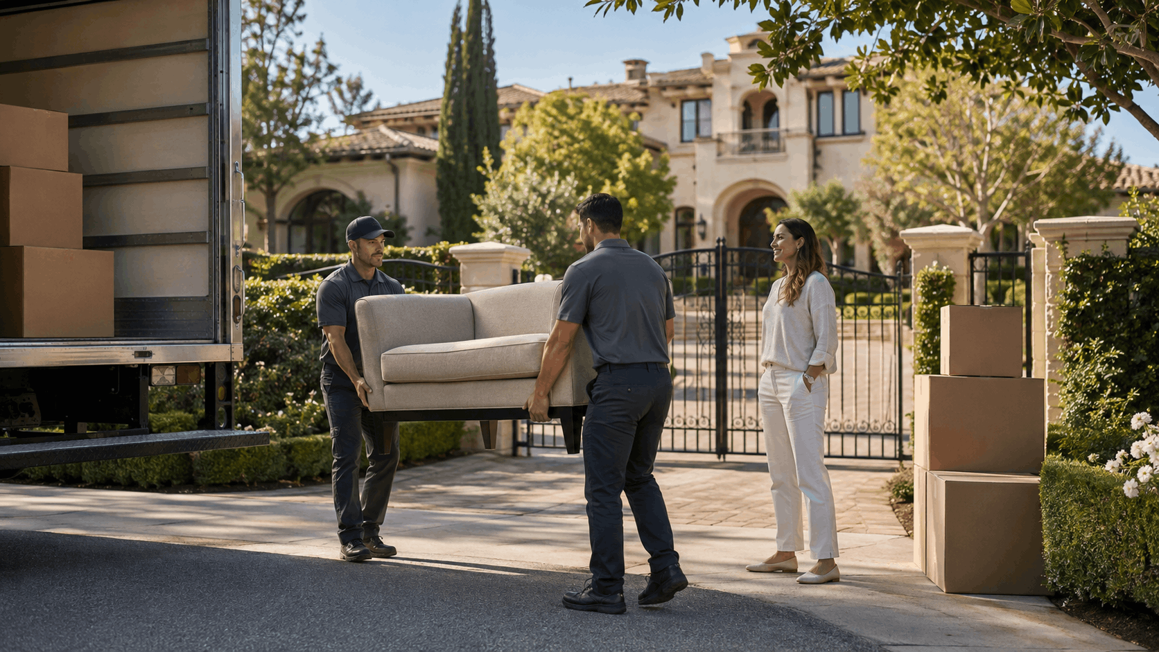 Two professional movers carrying sofa off truck at luxury Calabasas home