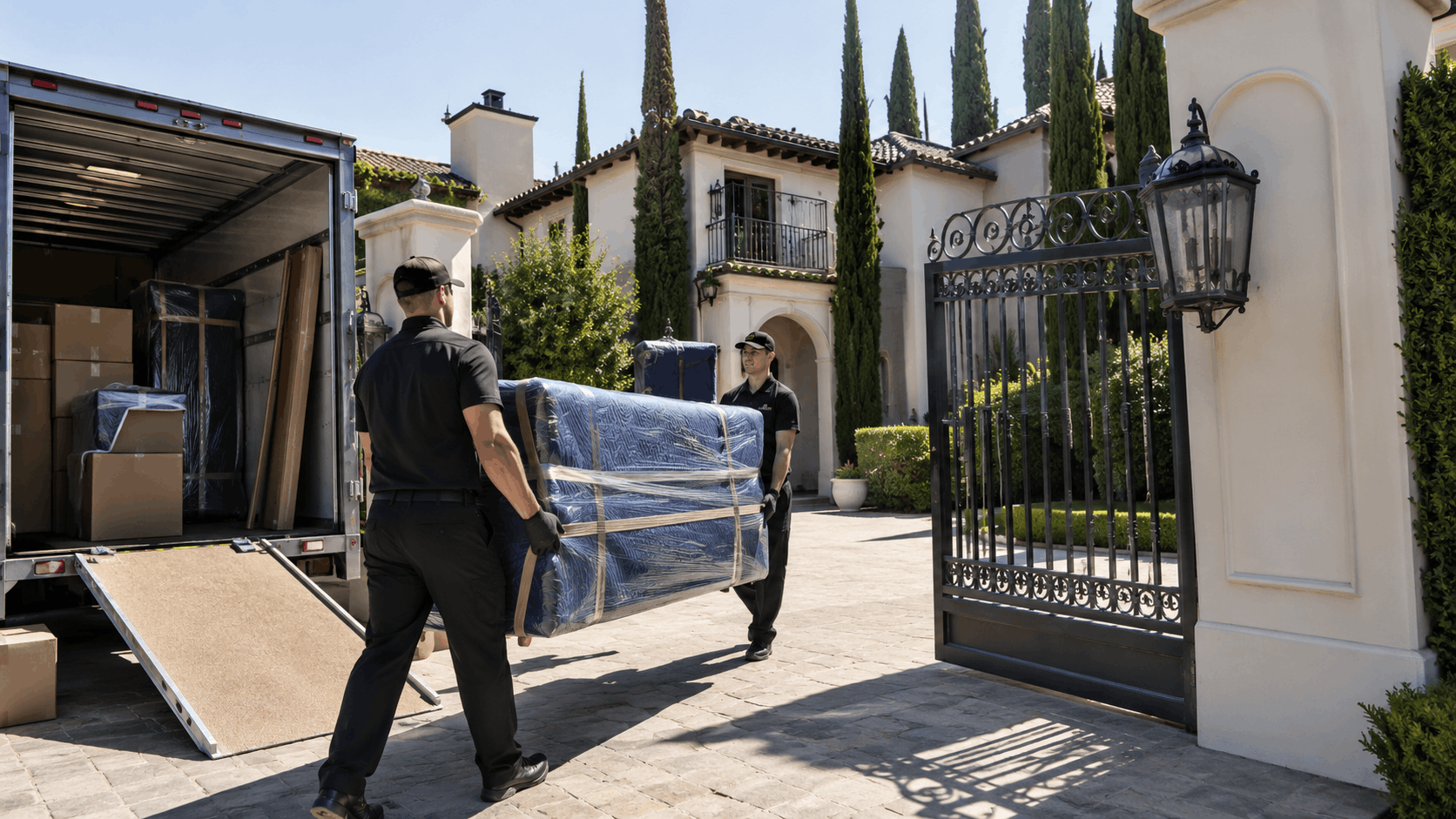 Two Popeye Moving workers carrying wrapped furniture into luxury Los Angeles estate
