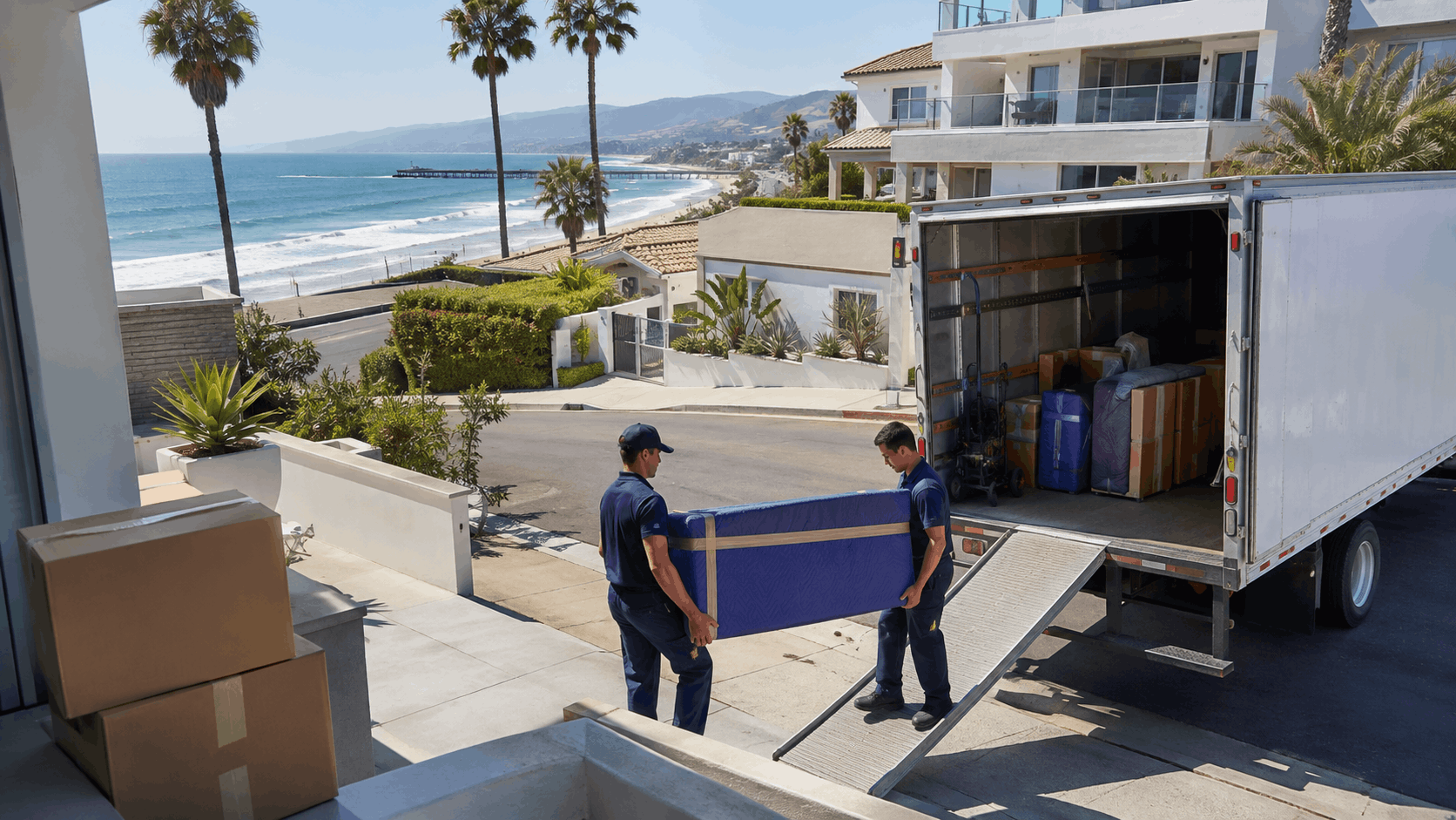Two professional movers unloading furniture from truck at Santa Monica beachfront home