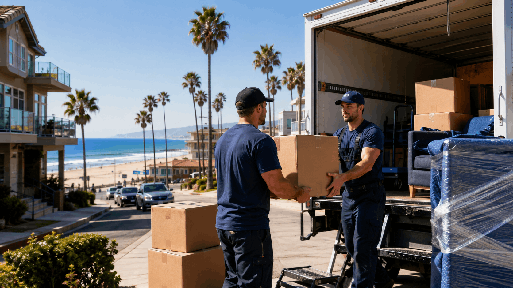 Two professional movers unloading cardboard boxes from truck near Santa Monica beach
