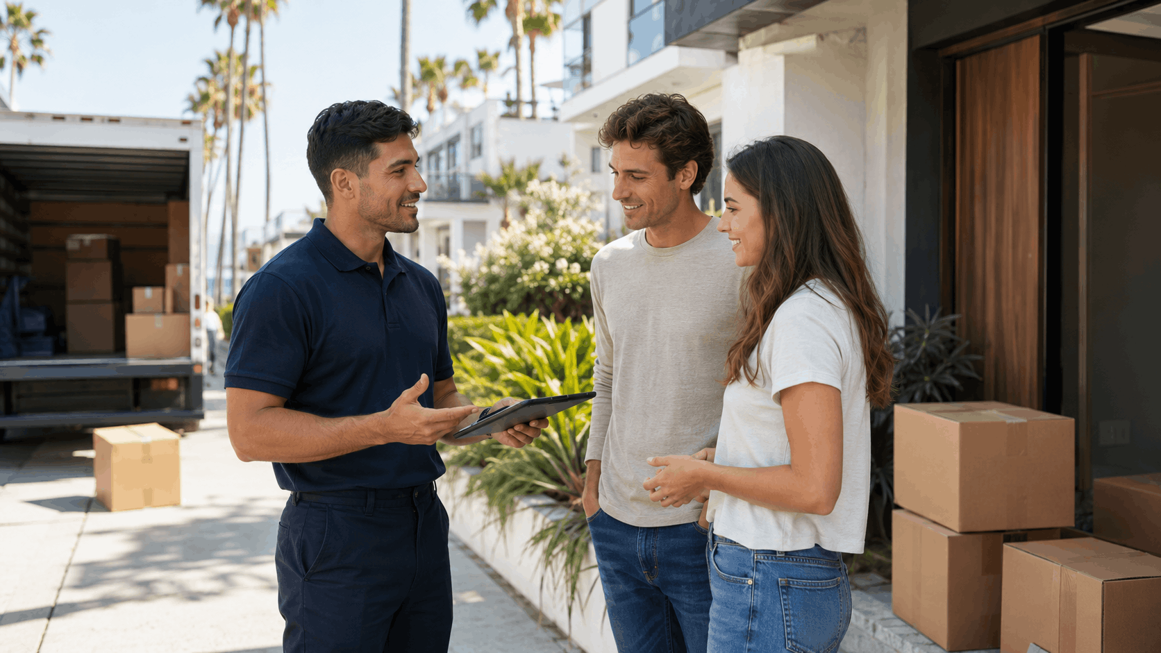Moving company representative with clipboard consulting couple outside Los Angeles home