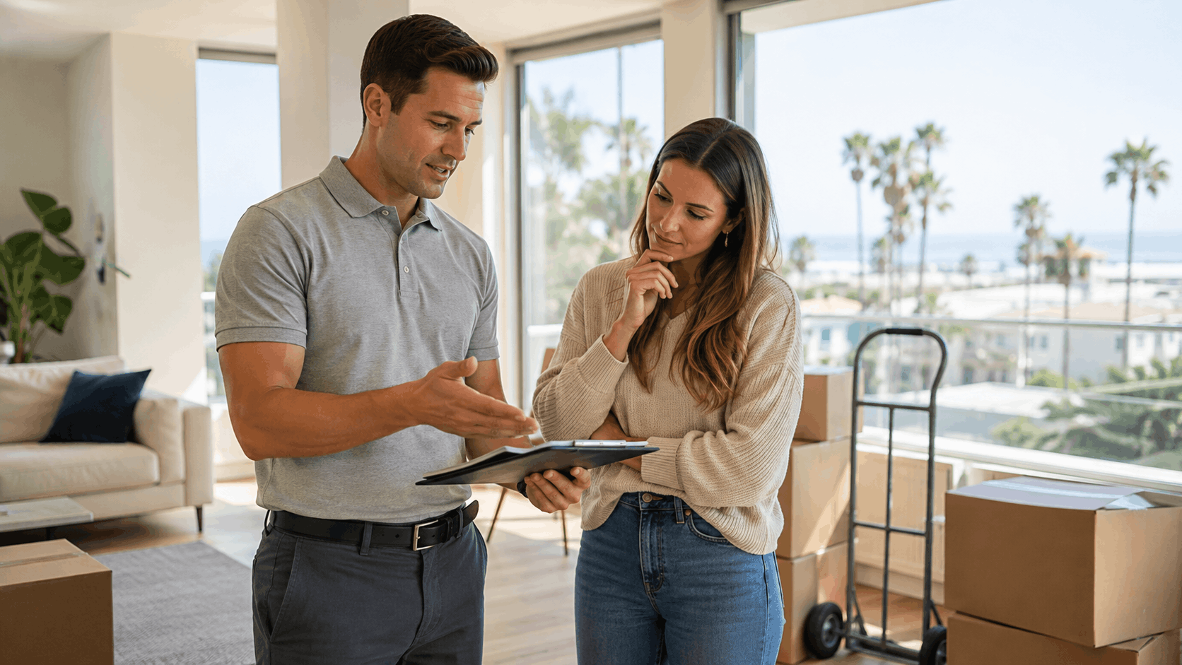 Moving company representative reviewing relocation documents with customer in Santa Monica apartment