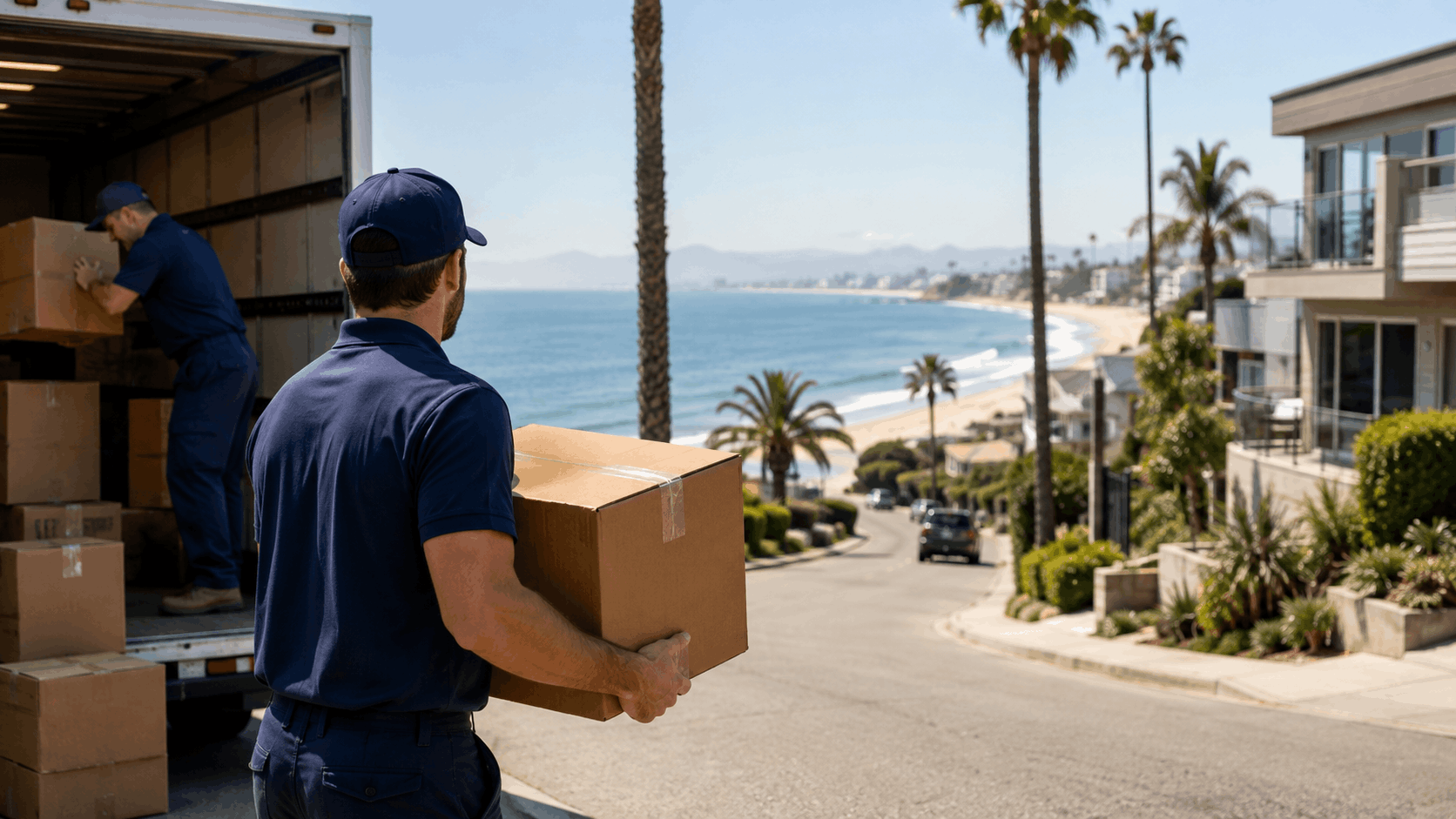 Two Popeye Moving workers unloading cardboard boxes from truck near Los Angeles beachfront neighborhood