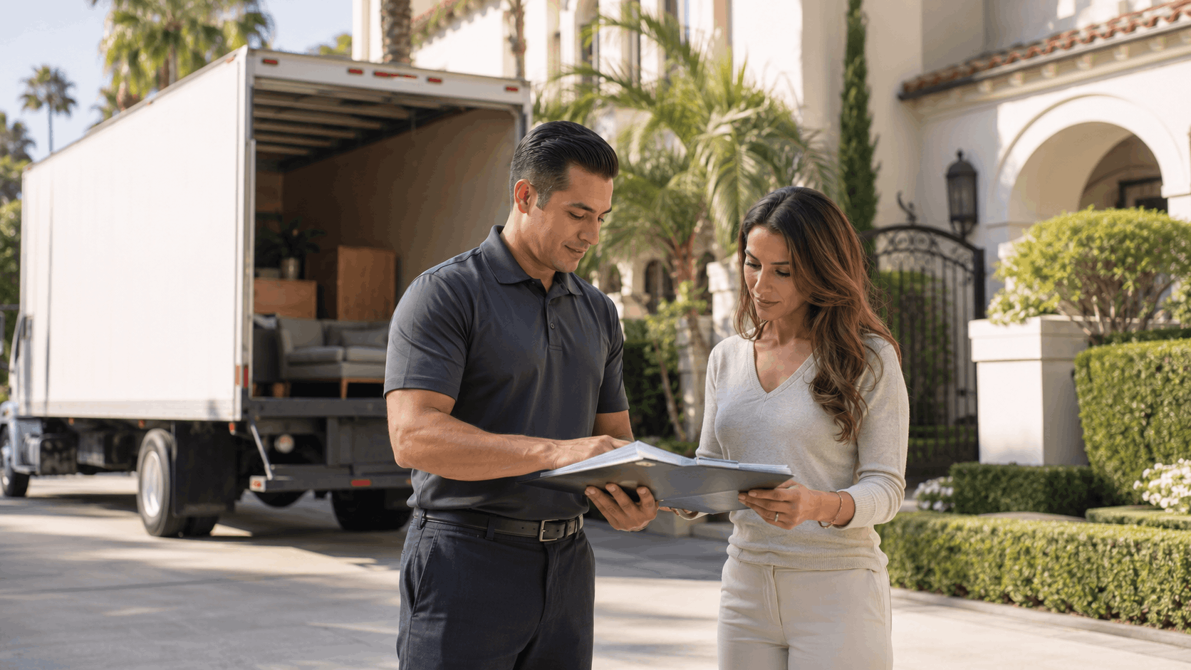 Moving company representative reviewing paperwork with homeowner outside Beverly Hills mansion