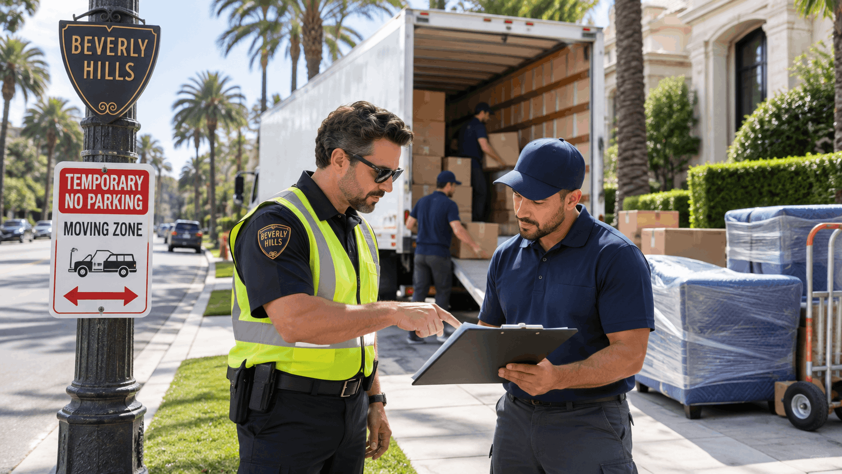 Beverly Hills moving zone officer reviewing permits with mover beside loaded truck