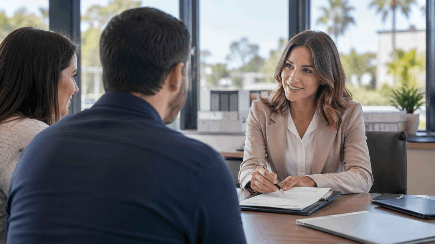 Female real estate agent consulting couple over documents in sunny Los Angeles office
