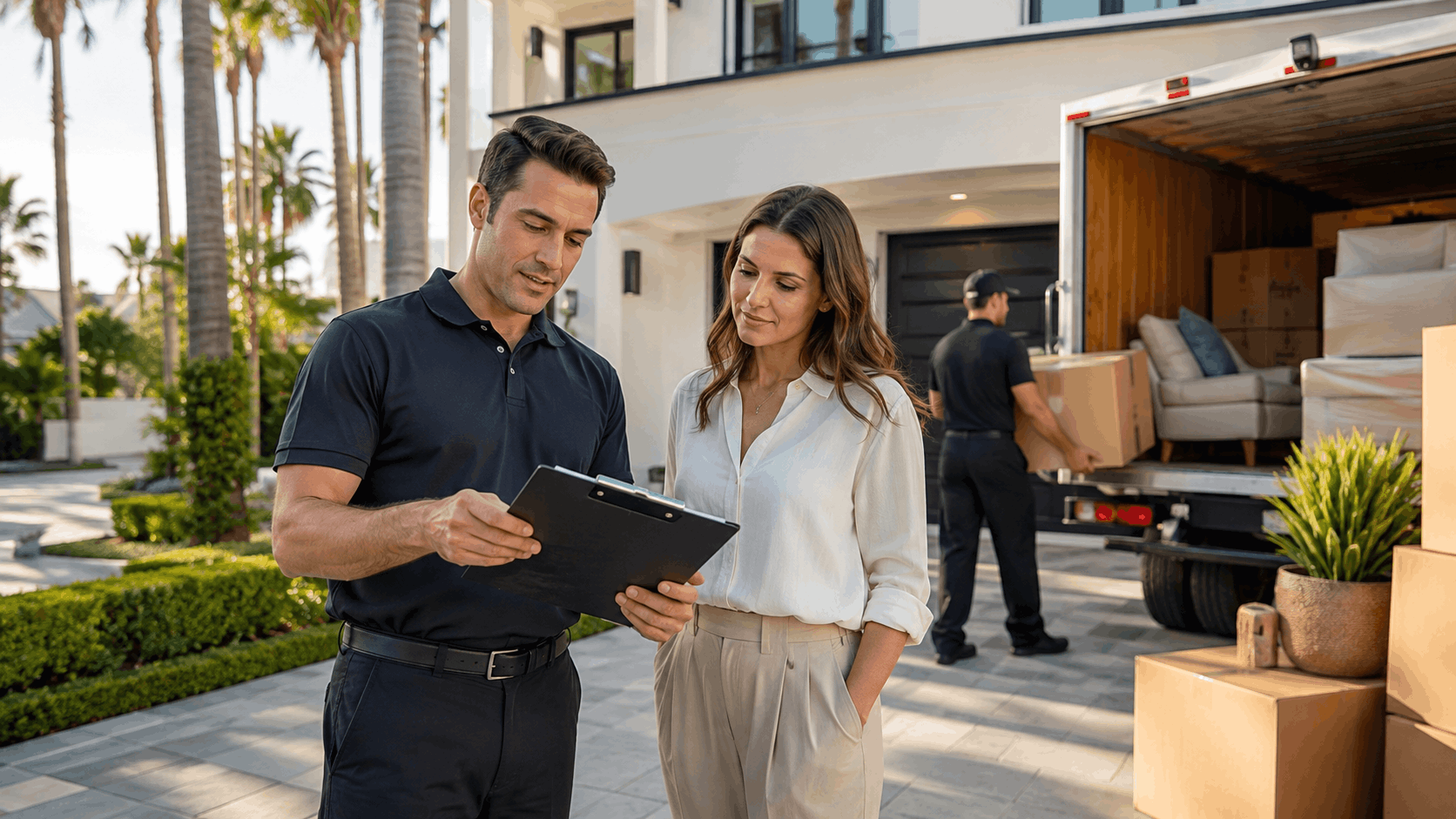 Los Angeles movers reviewing clipboard with customer outside luxury home during relocation