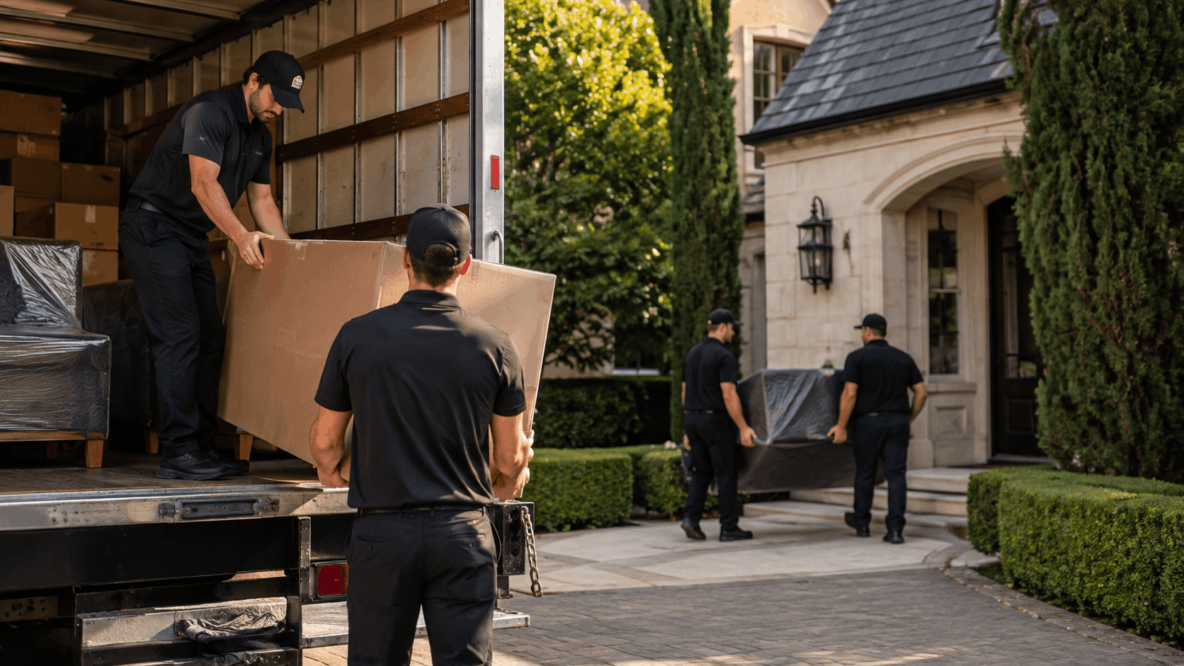 Professional movers in black uniforms unloading boxes from truck at luxury Hidden Hills estate