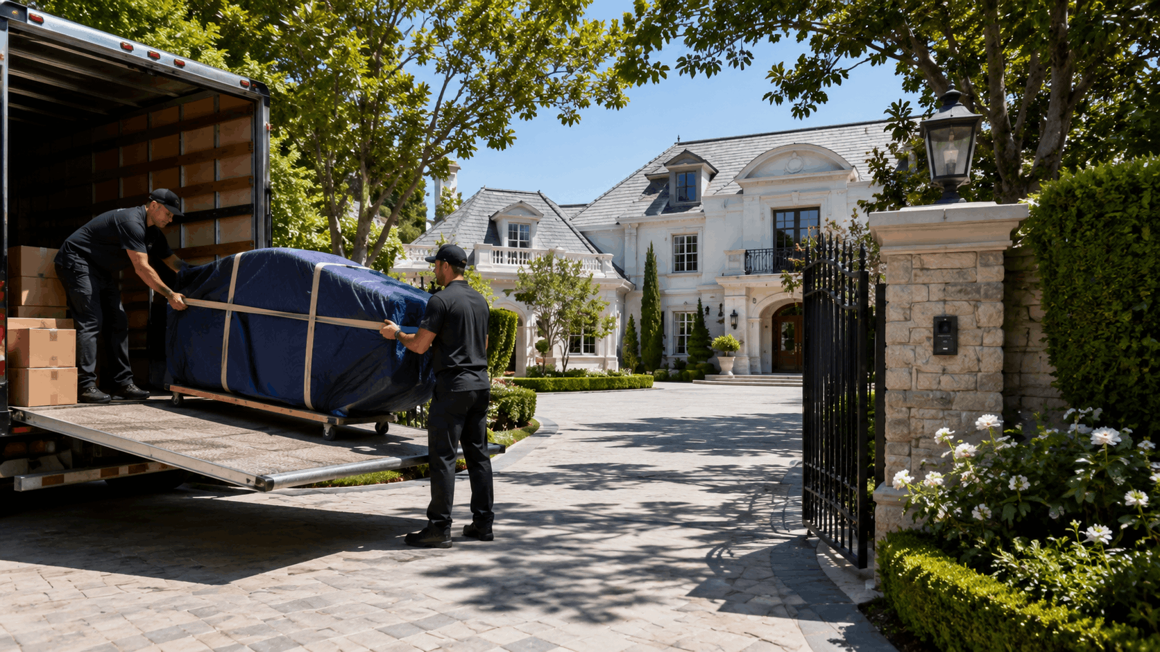 Two movers unloading wrapped furniture from truck at luxury Los Angeles estate
