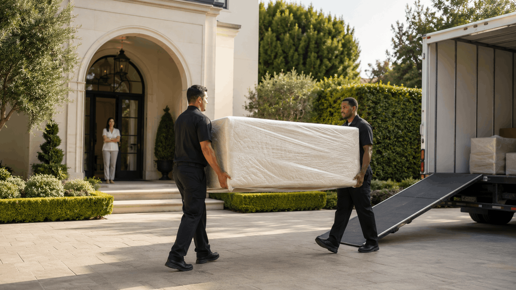 Two movers in black uniforms carrying wrapped mattress into luxury Los Angeles home
