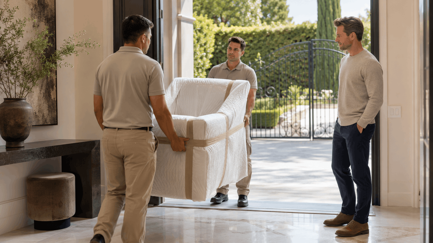 Two movers carrying wrapped furniture chair into luxury Los Angeles home entryway