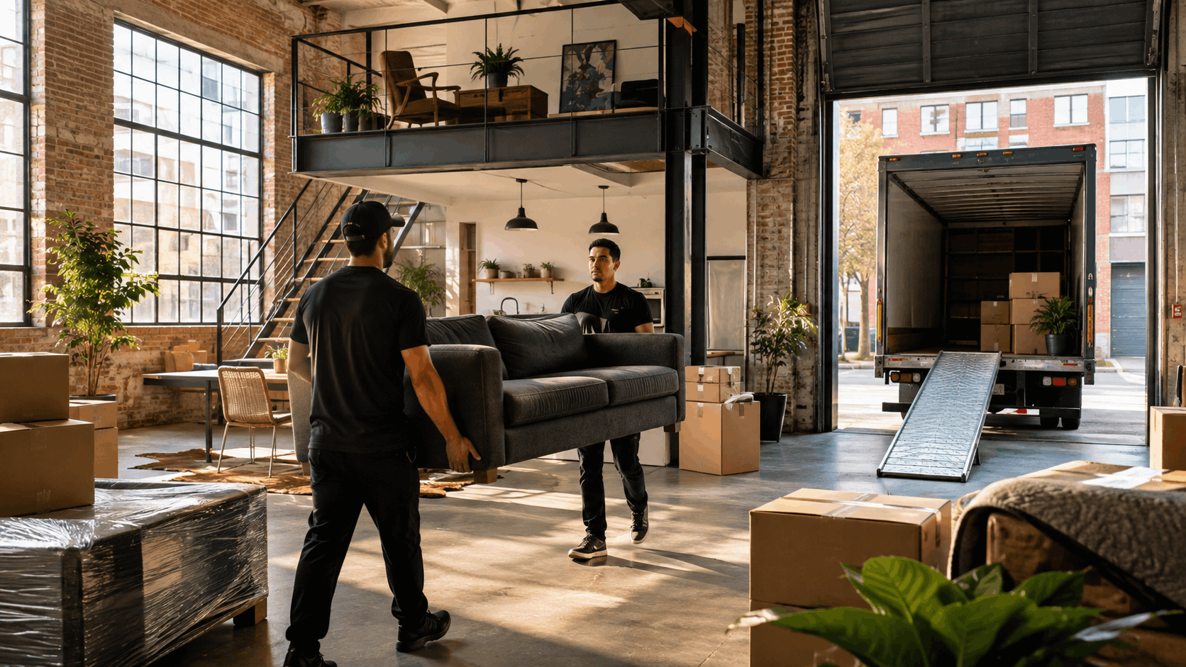 Two professional movers carrying gray sofa into industrial loft during Los Angeles relocation