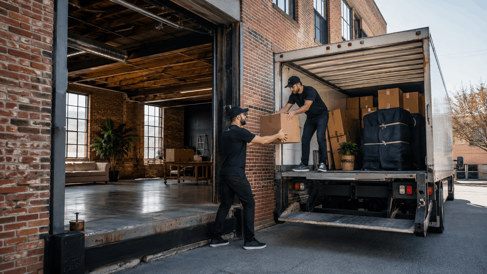 Two movers in black unloading cardboard boxes from moving truck at brick building