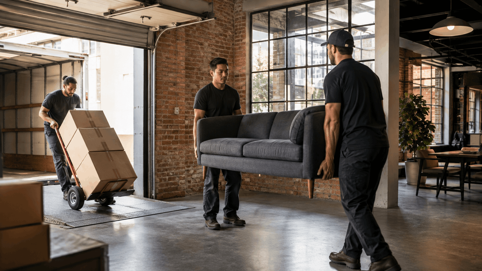 Three professional movers carrying sofa and boxes into Los Angeles loft space