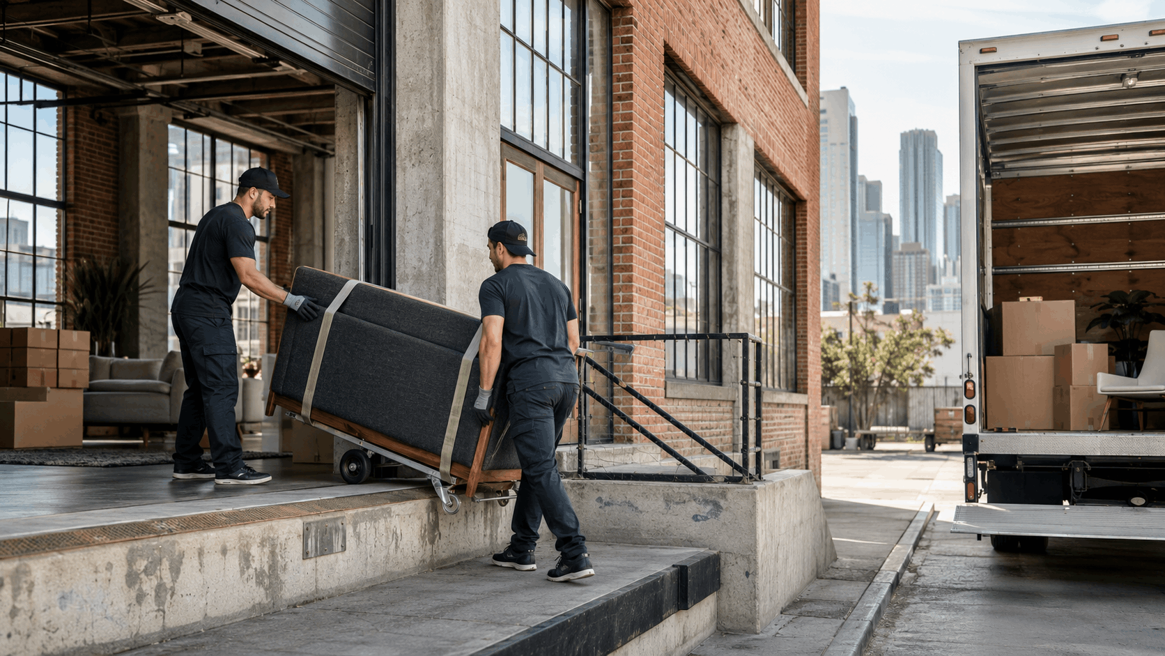 Two professional movers carrying wrapped sofa into Los Angeles Arts District loft building