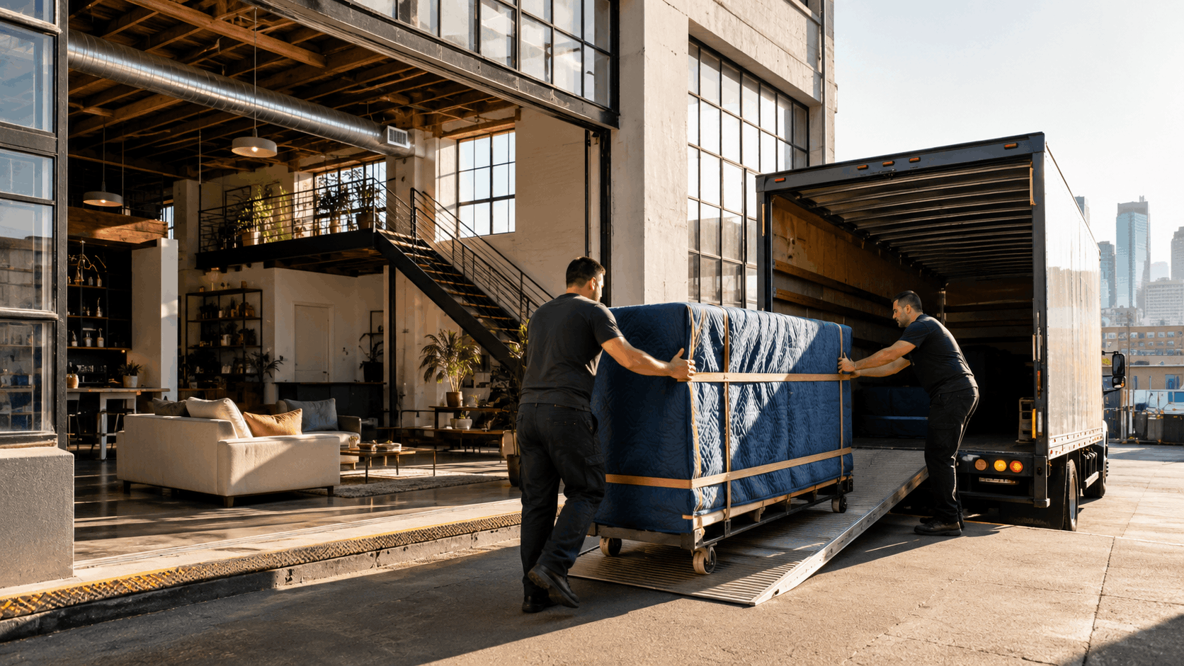 Two movers unloading wrapped furniture from moving truck at Los Angeles loft building