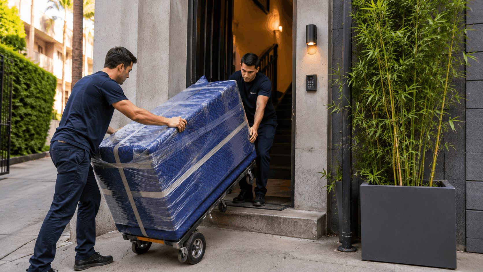 Two professional movers carrying wrapped mattress through West Hollywood apartment building entrance
