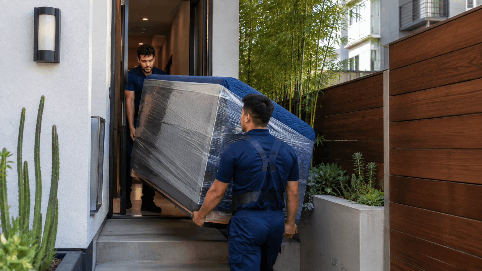 Two movers carrying wrapped furniture through a narrow doorway down steps