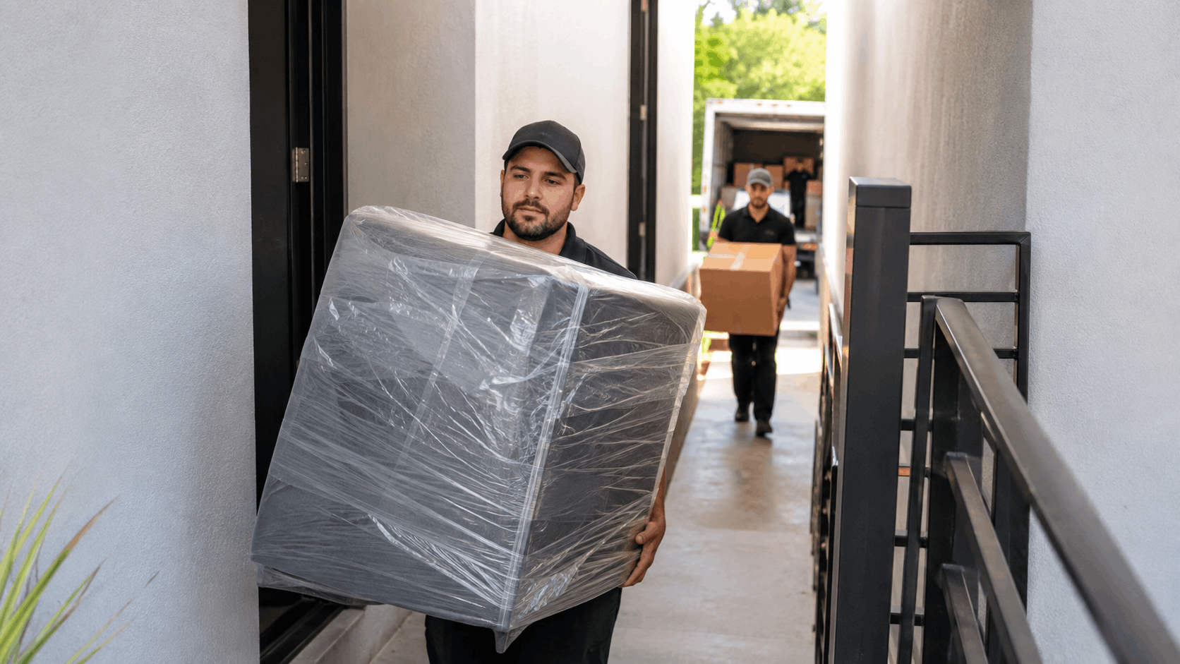 Two professional movers carrying wrapped furniture and boxes into Los Angeles building