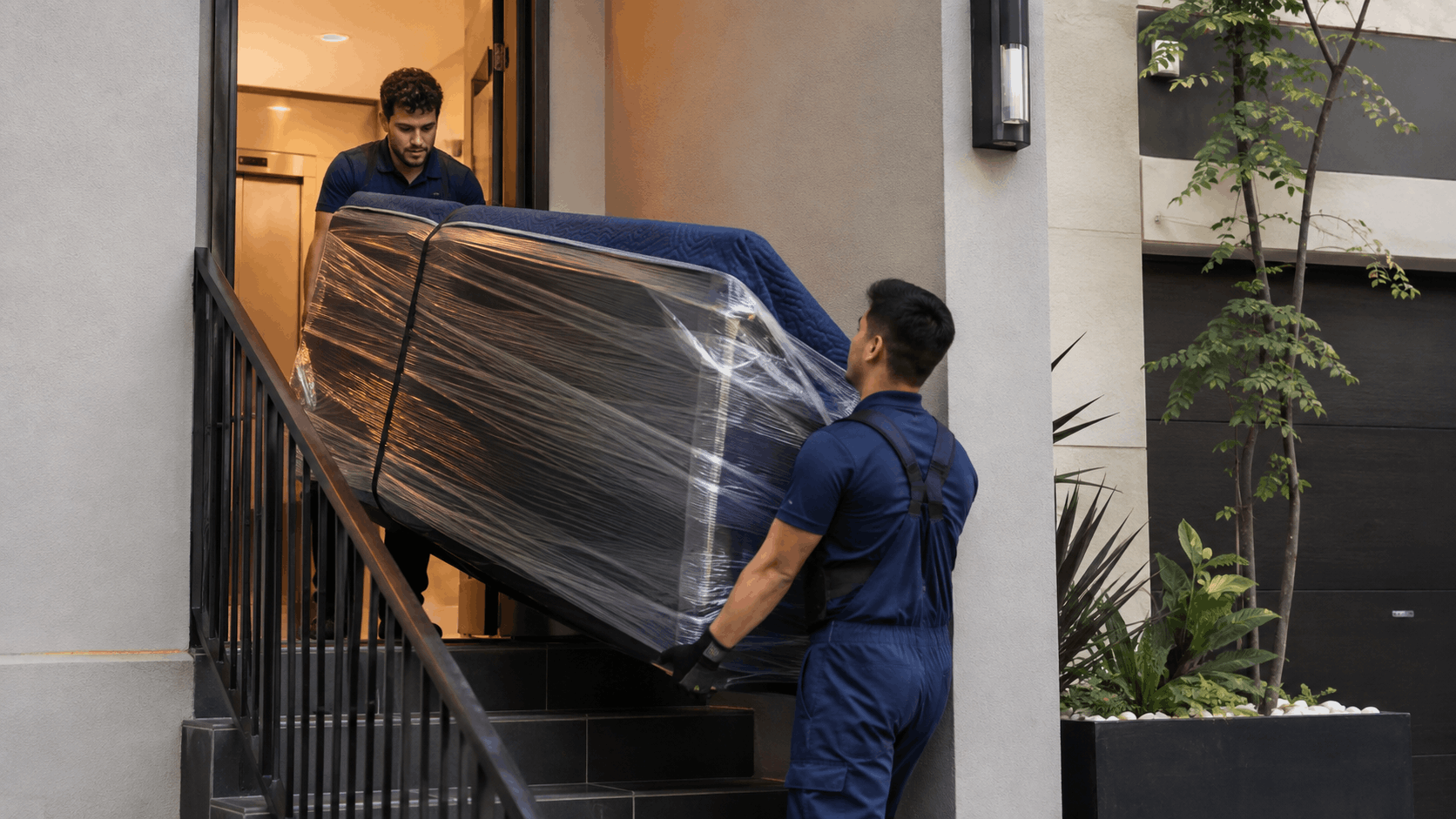 Two Popeye Moving and Storage movers carrying wrapped mattress up residential stairs
