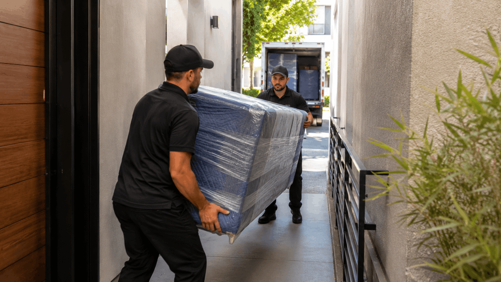 Two Popeye Moving crew members carrying wrapped mattress through narrow Los Angeles home entryway