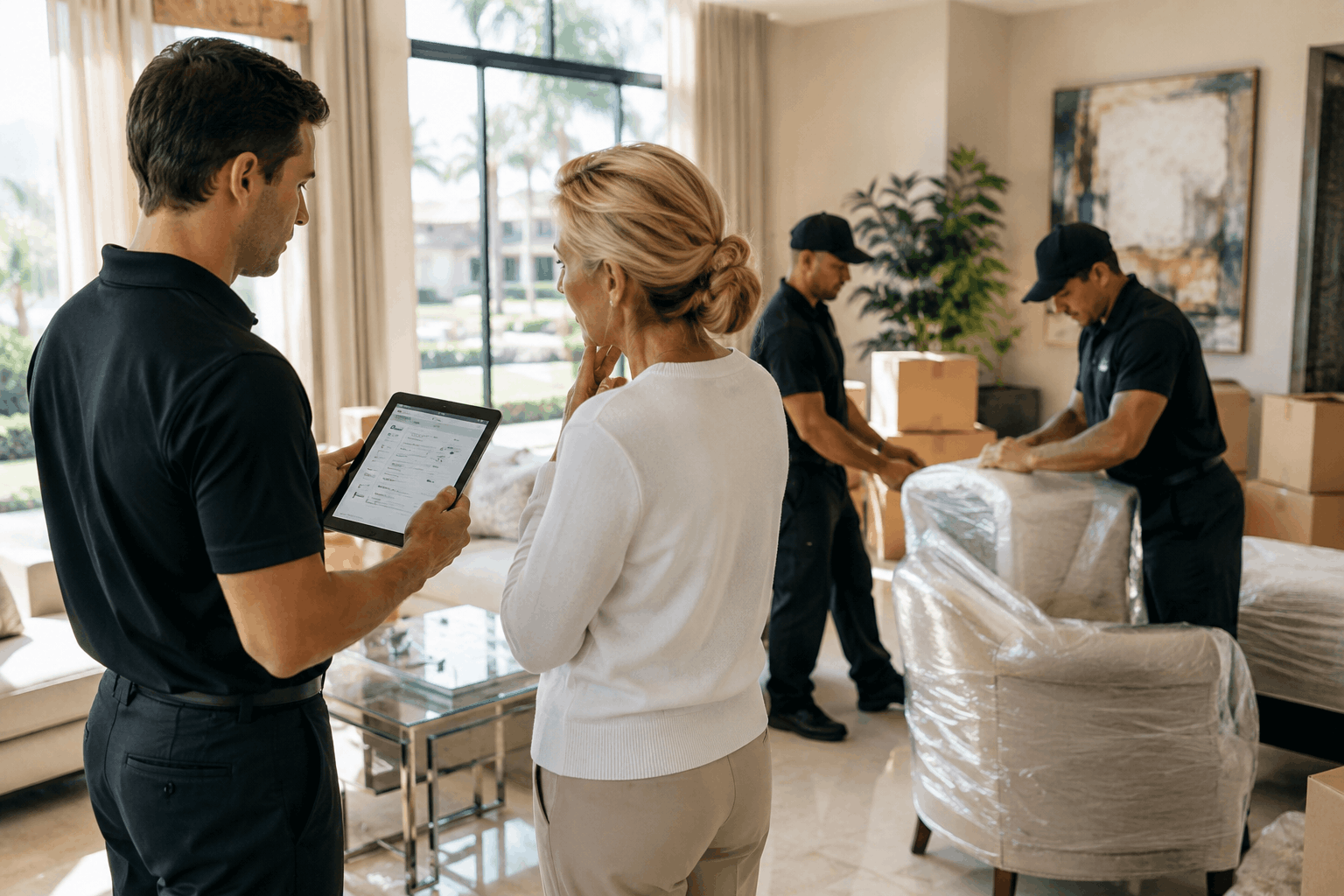 Professional movers wrapping furniture while estate moving coordinator reviews inventory tablet with homeowner
