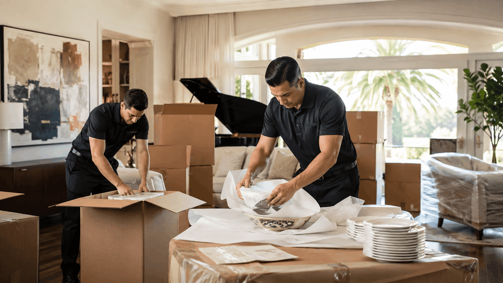 Two professional Beverly Hills movers carefully packing fine china and dishes into boxes