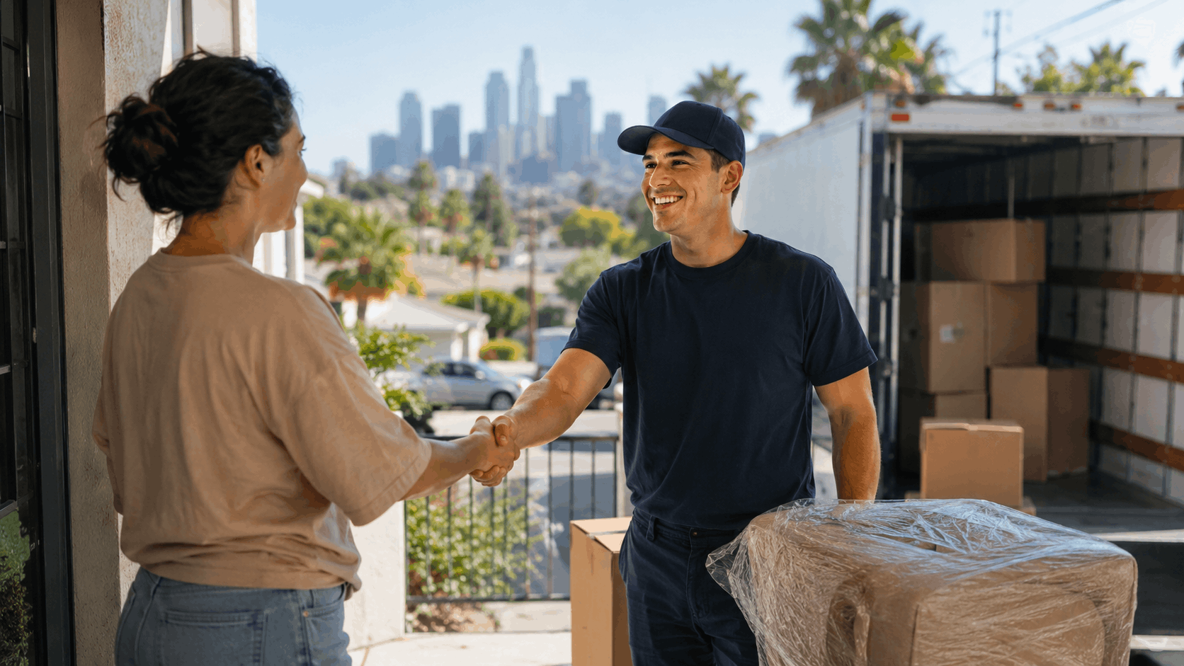 Smiling Los Angeles mover shaking hands with customer beside packed moving truck