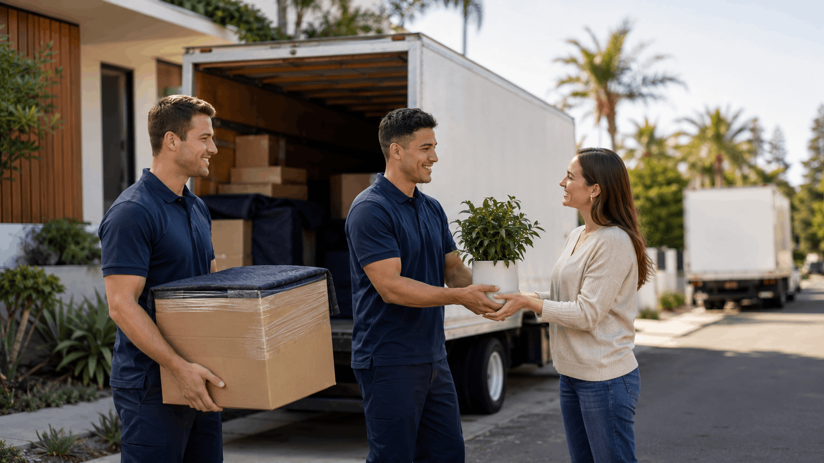 Two professional movers in navy uniforms helping woman with plant and boxes