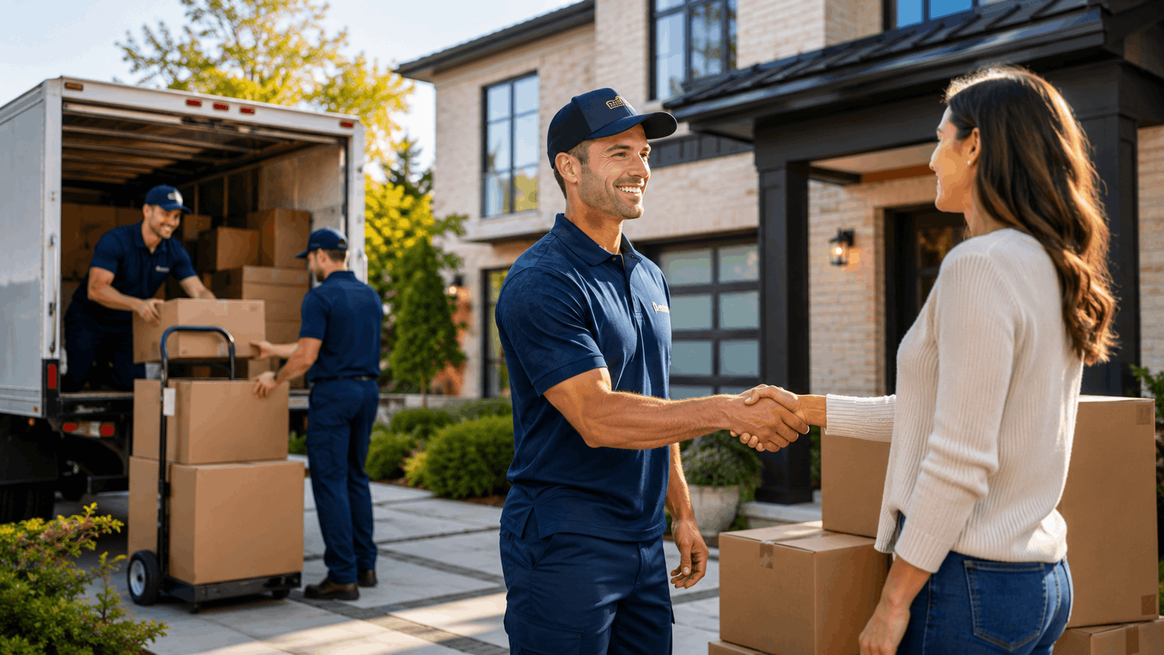 Licensed movers in uniform shaking hands with homeowner during Los Angeles relocation