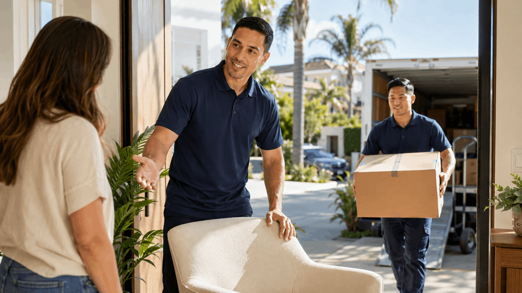Two professional movers delivering furniture and boxes to Los Angeles home