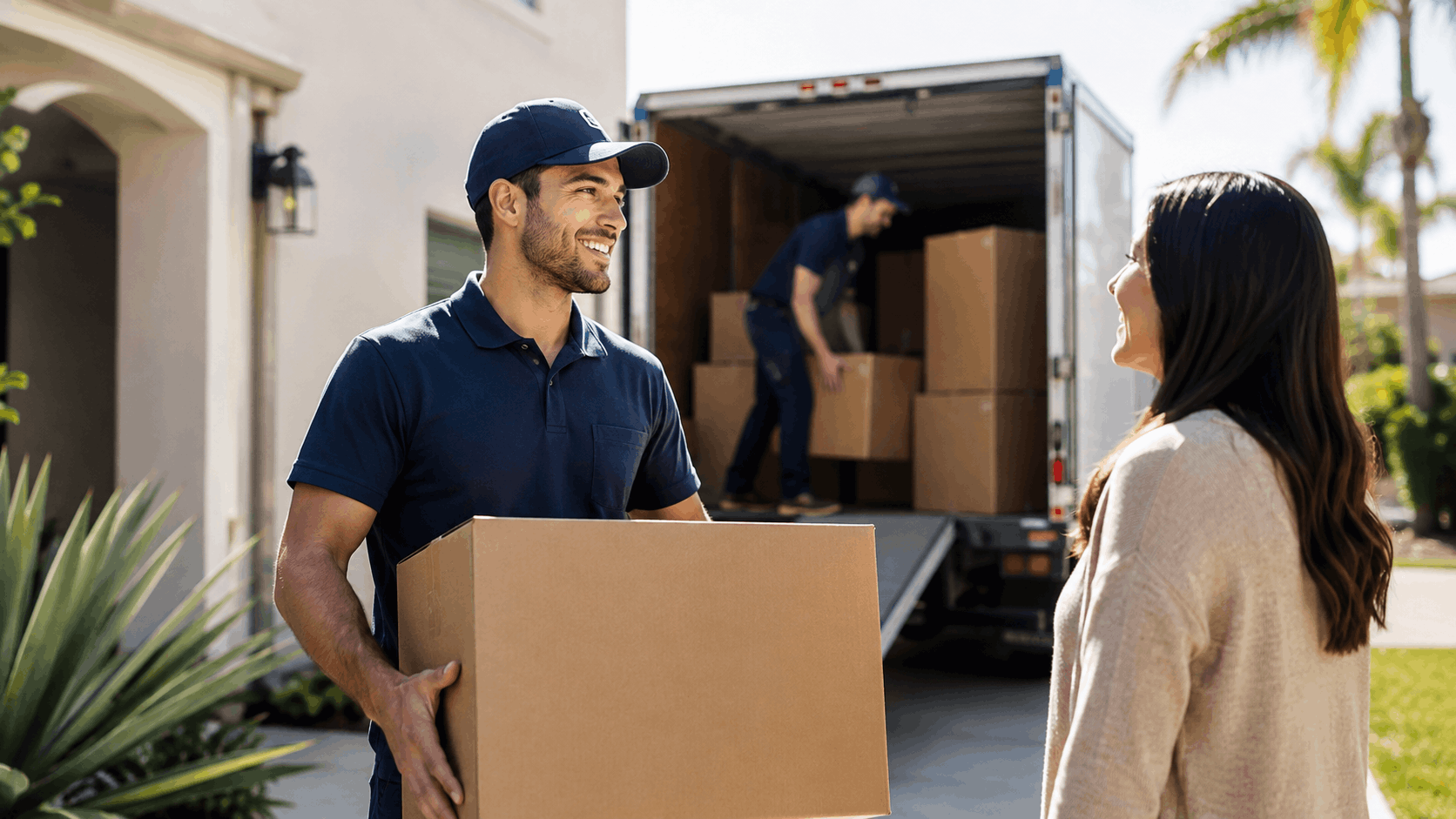 Friendly Los Angeles movers unloading cardboard boxes from moving truck at home