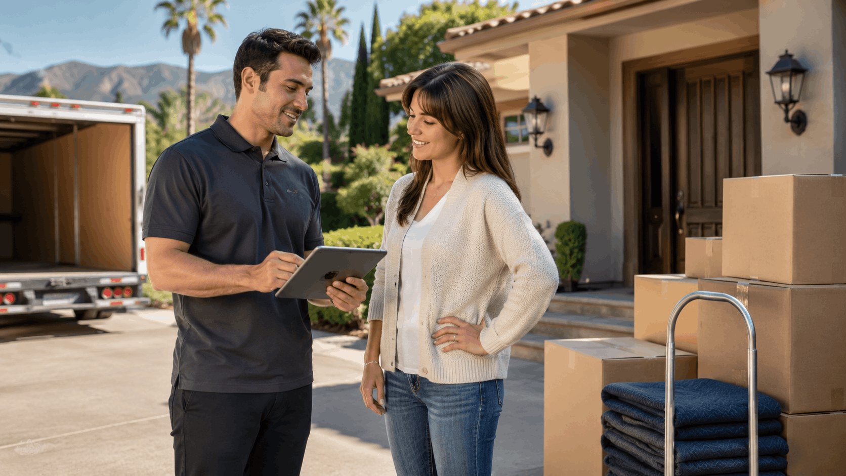 Mover with tablet reviewing moving checklist with homeowner outside Tarzana residence