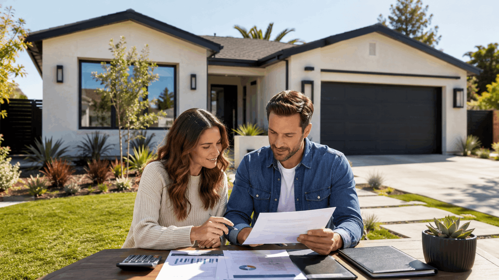 Couple reviewing home moving cost documents outside modern Los Angeles Valley house