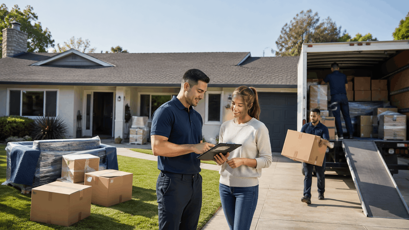 Los Angeles movers unloading boxes from moving truck at suburban home