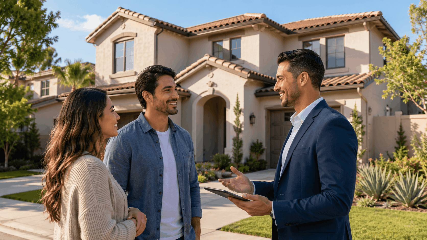 Real estate agent showing Los Angeles home to smiling couple with tablet outdoors