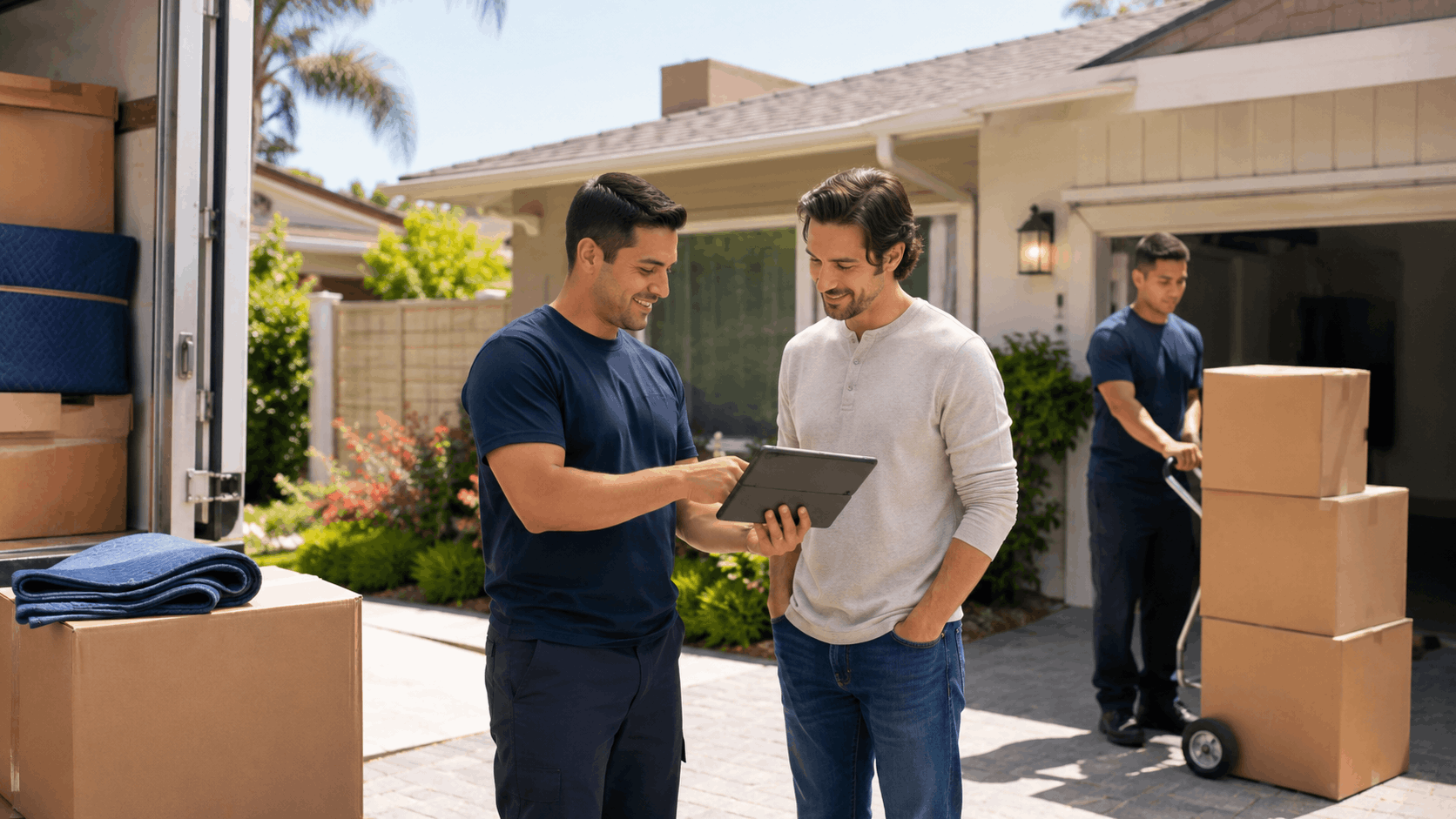 Popeye Moving crew reviewing inventory on tablet with Los Angeles homeowner during relocation