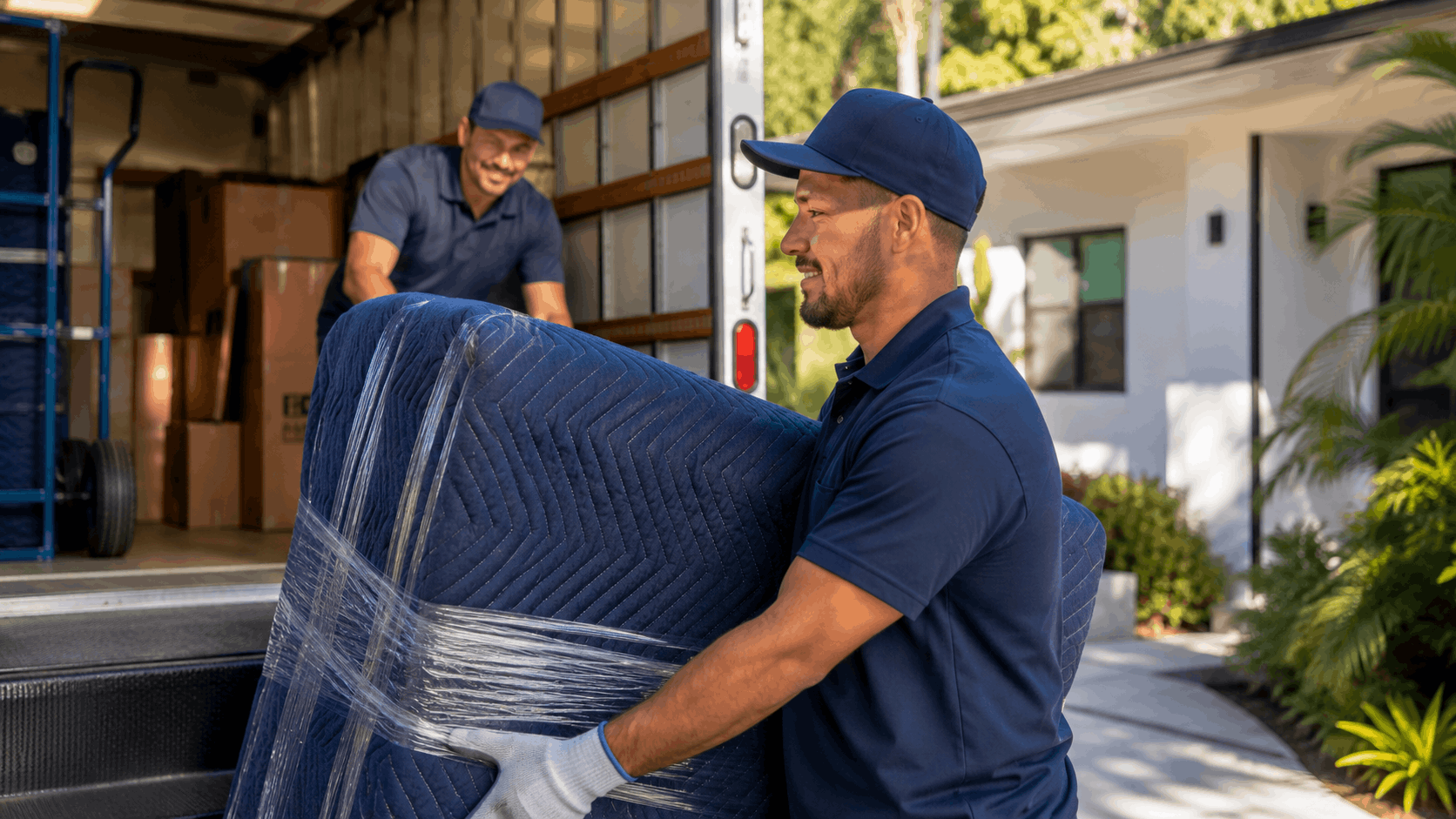 Two licensed professional movers unloading wrapped furniture from moving truck outside home