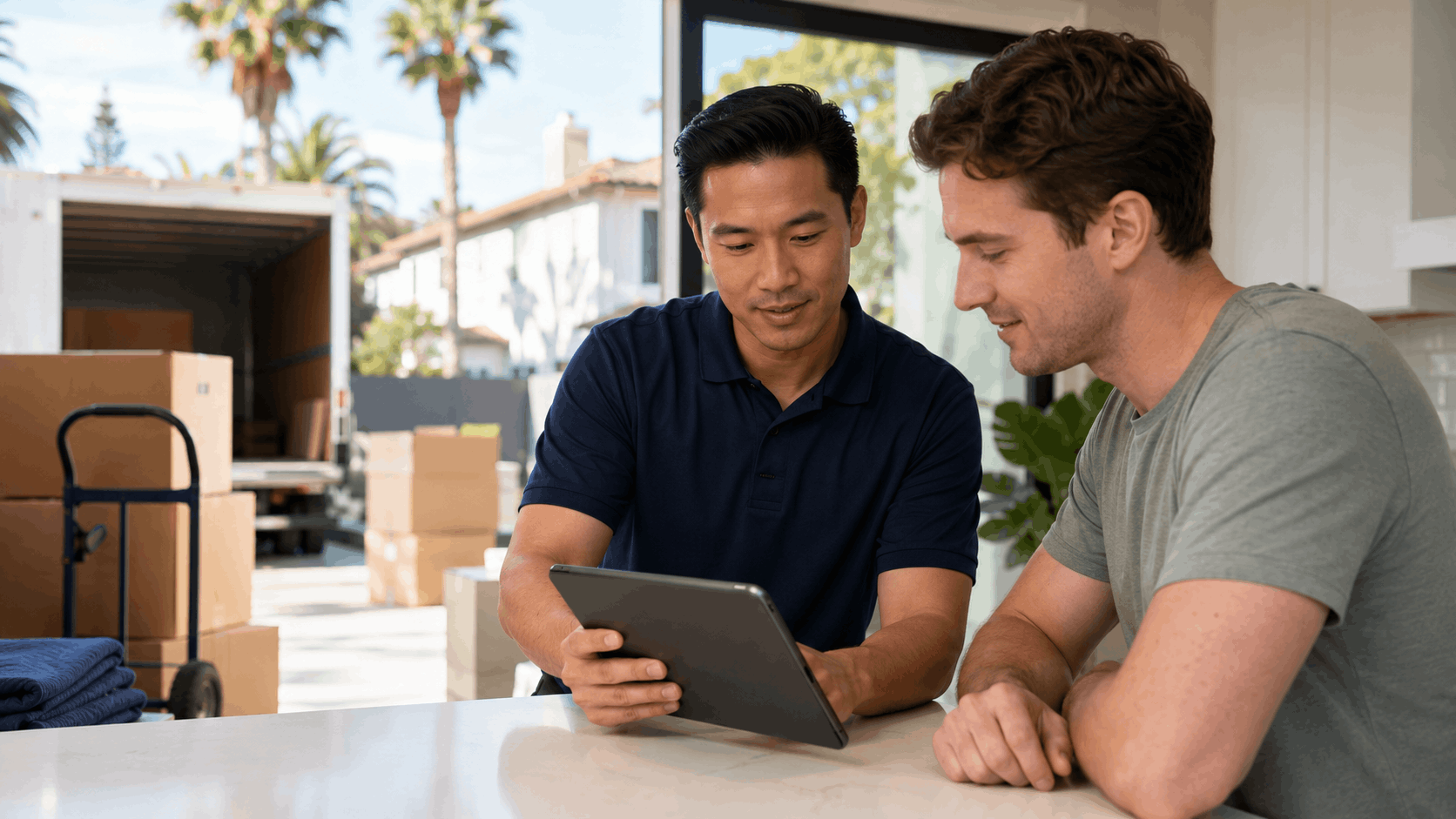 Moving company representative showing homeowner digital tablet during Los Angeles relocation consultation