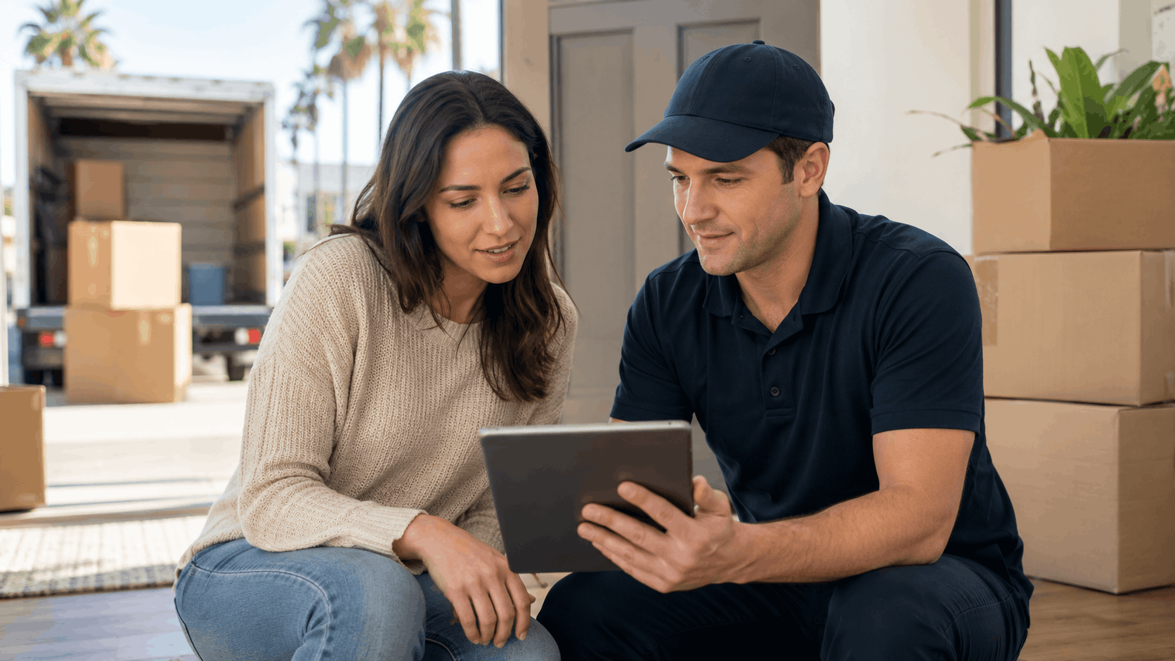 Moving company representative showing customer tablet during Los Angeles home relocation consultation