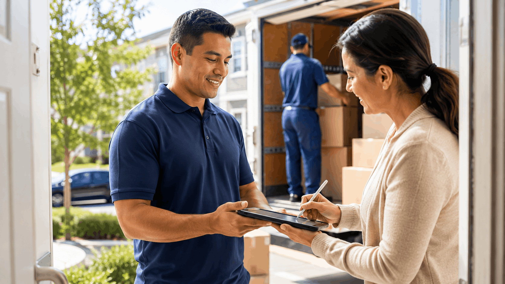 Woman signing tablet for smiling moving company worker outside loaded moving truck