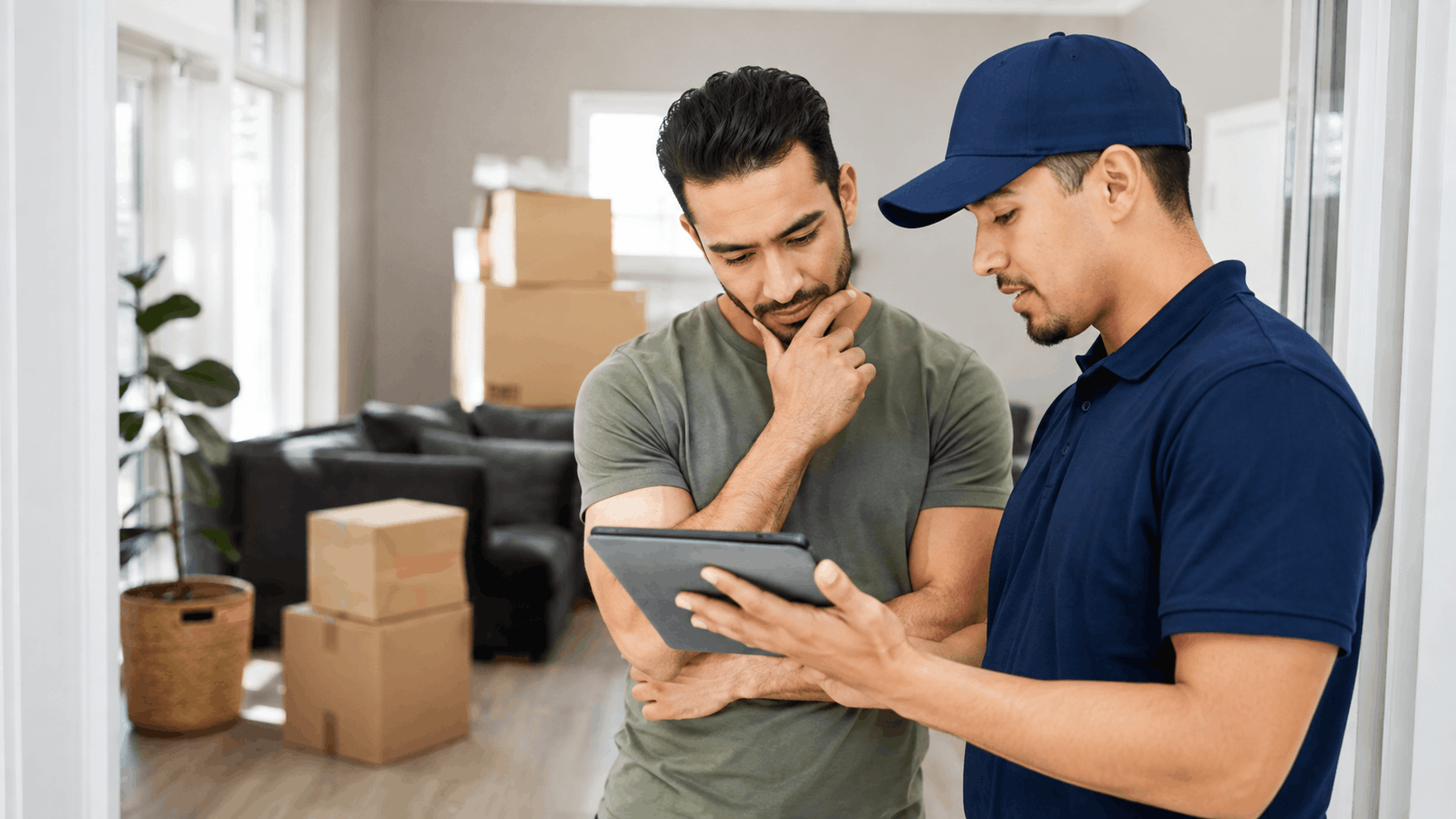 Moving company representative showing customer tablet with moving details in Los Angeles home