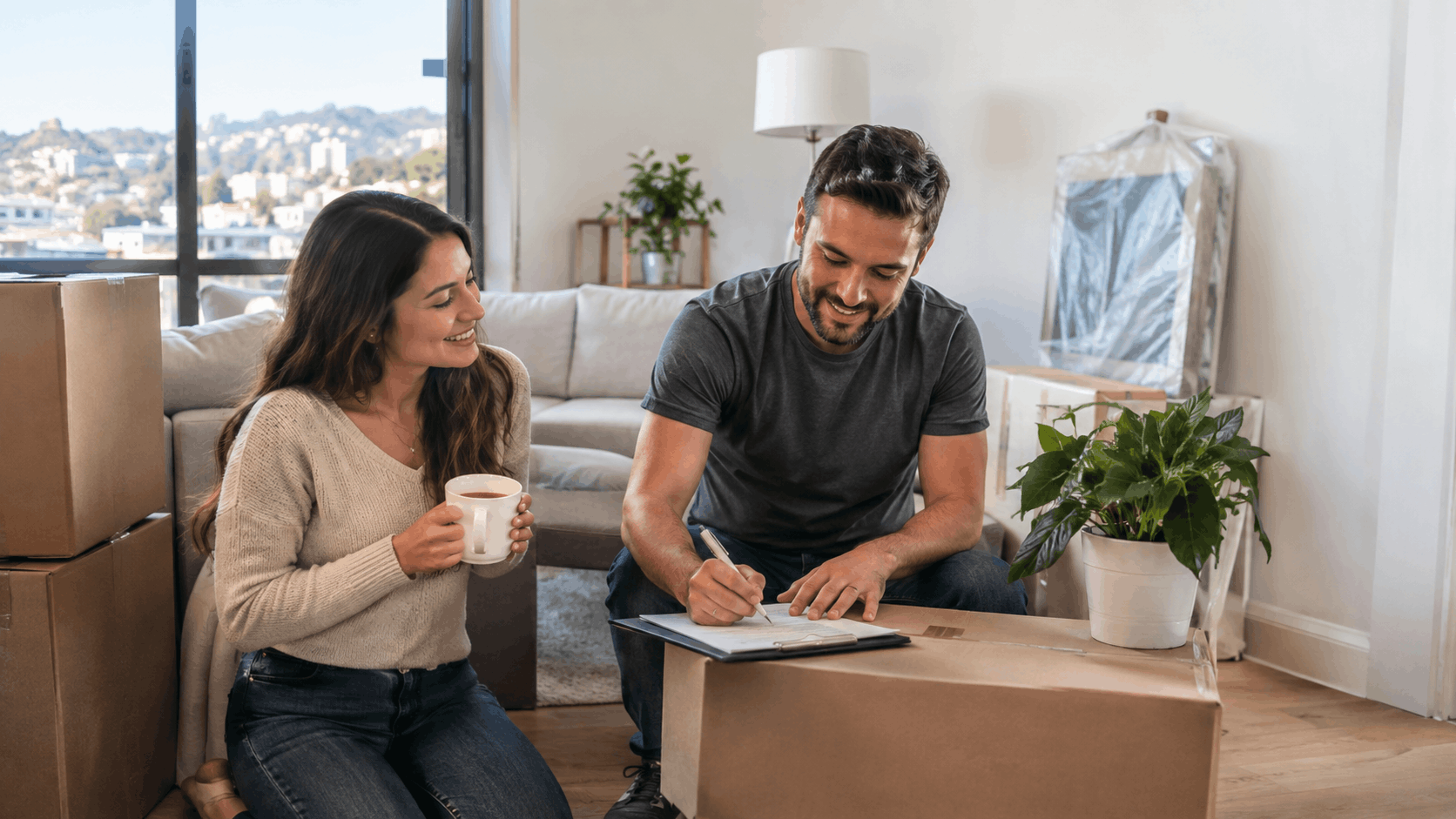 Happy couple signing rental lease agreement surrounded by moving boxes in new apartment