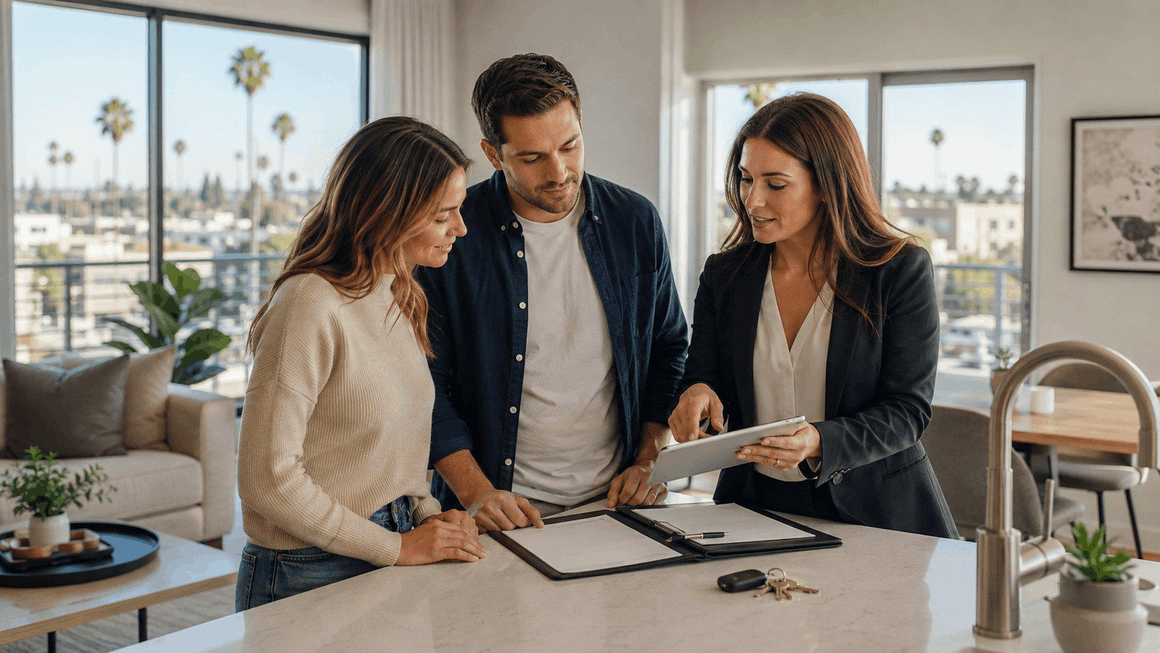 Real estate agent showing rental documents to couple in Los Angeles apartment