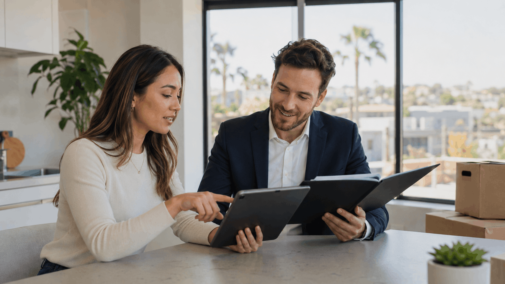 Woman and real estate agent reviewing tablet and documents in modern Los Angeles apartment