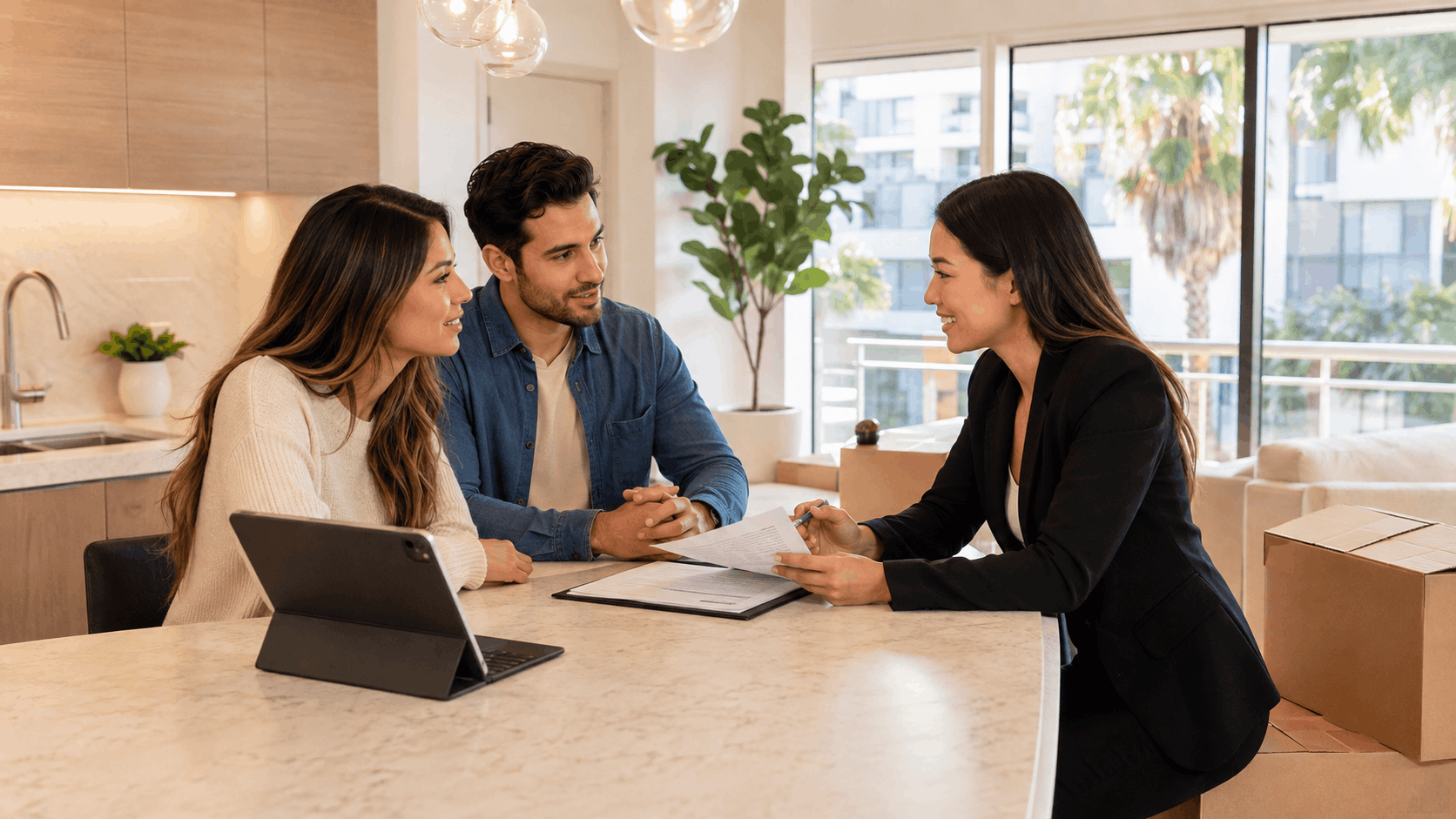 Real estate agent reviewing moving documents with couple in modern Los Angeles home