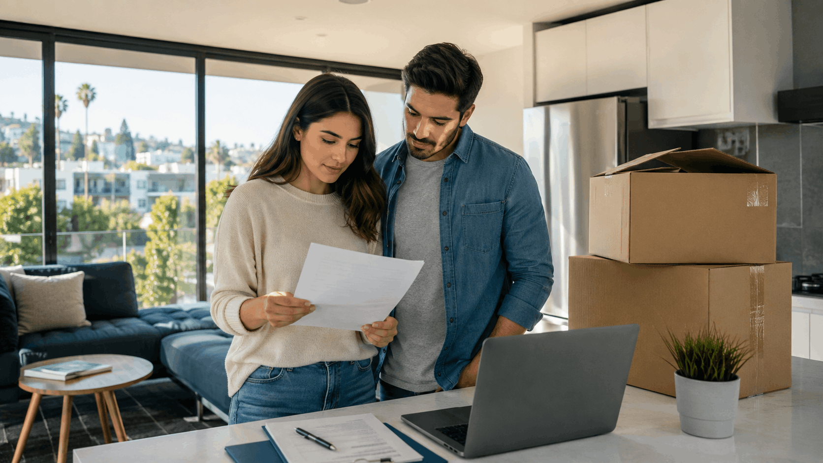 Young couple reviewing moving documents with cardboard boxes and laptop in modern Los Angeles apartment